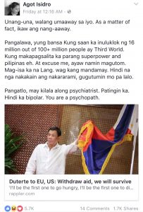 Agot Isidro’s Facebook post