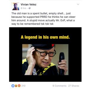 Facebook post of Vivian Velez
